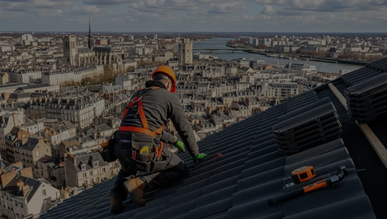 Vue d'un couvreur travaillant sur un toit de Nantes, avec la ville et la Cathédrale Saint-Pierre-et-Saint-Paul de Nantes en arrière-plan.