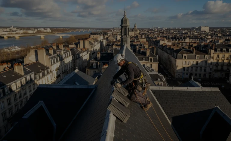 Un couvreur professionnel à Nantes travaillant sur un toit en ardoise avec la ville et la Loire en arrière-plan.